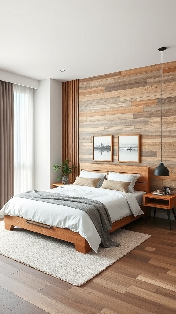 bedroom with textured wood paneling and modern decor