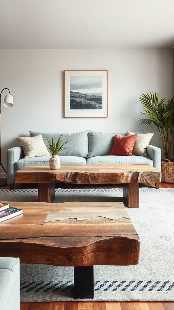 Textured wood sofa table in a modern living room setting