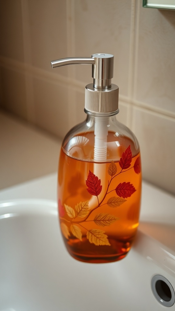 A Thanksgiving-themed soap dispenser with autumn leaves design