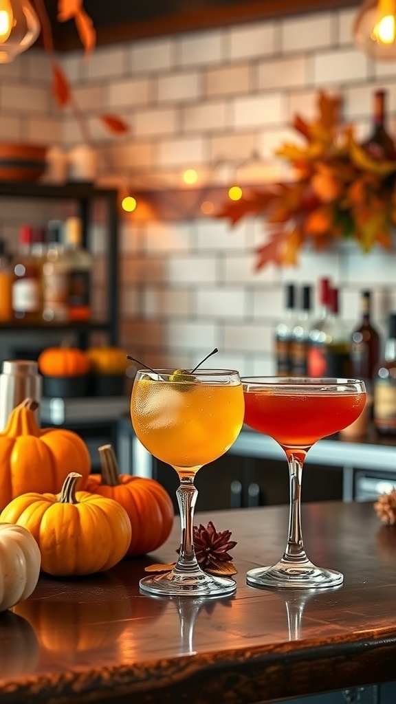 Two cocktails on a bar with pumpkins and autumn decorations