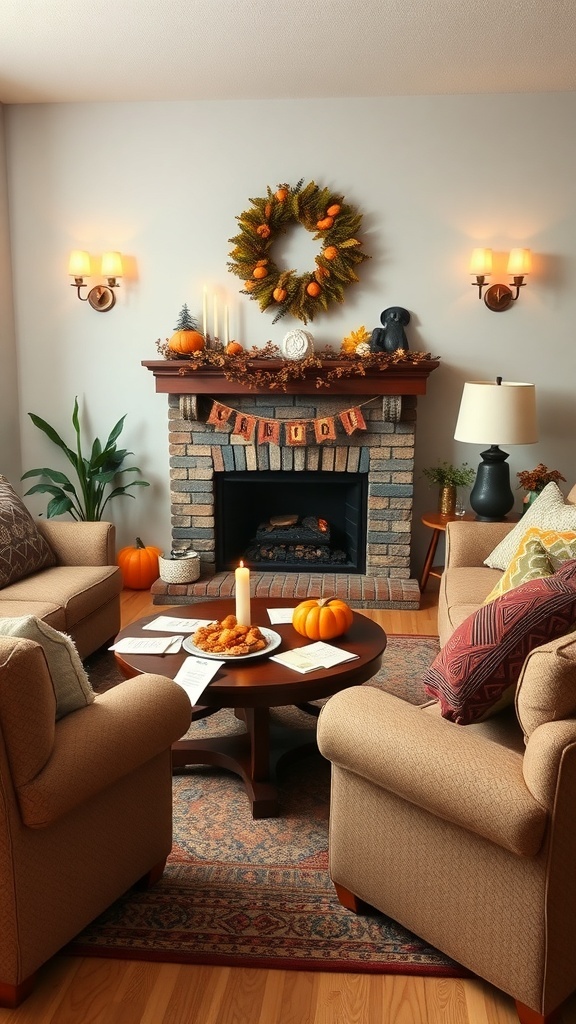 Cozy living room decorated for Thanksgiving with a fireplace, comfortable seating, and seasonal decor.