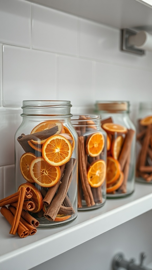 Glass jars filled with dried orange slices and cinnamon sticks on a shelf.