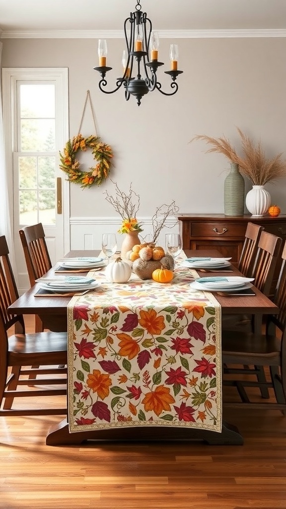 A Thanksgiving table set with a colorful leaf-patterned table runner, pumpkins, and a cozy atmosphere.