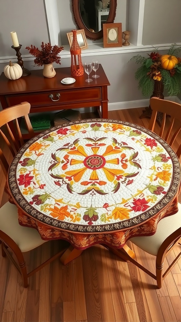 A circular Thanksgiving table topper quilt featuring autumn leaves in vibrant colors, placed on a wooden table with seasonal decorations.