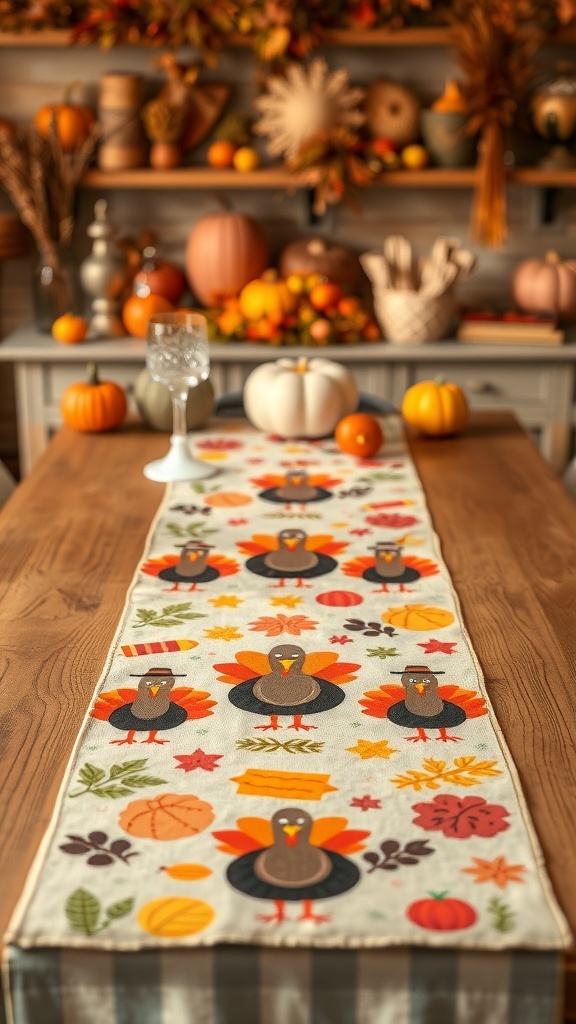 A Thanksgiving-themed table runner featuring playful turkey designs and autumn leaves, set on a wooden table with pumpkins and decorations in the background.
