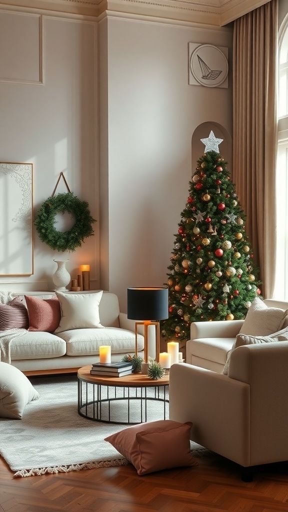 A cozy living room decorated for Christmas with a tree, wreath, and warm lighting.