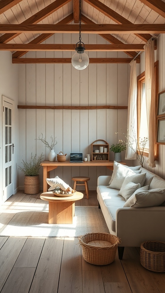 A cozy farmhouse interior with wooden beams, a light sofa, and natural decor elements.