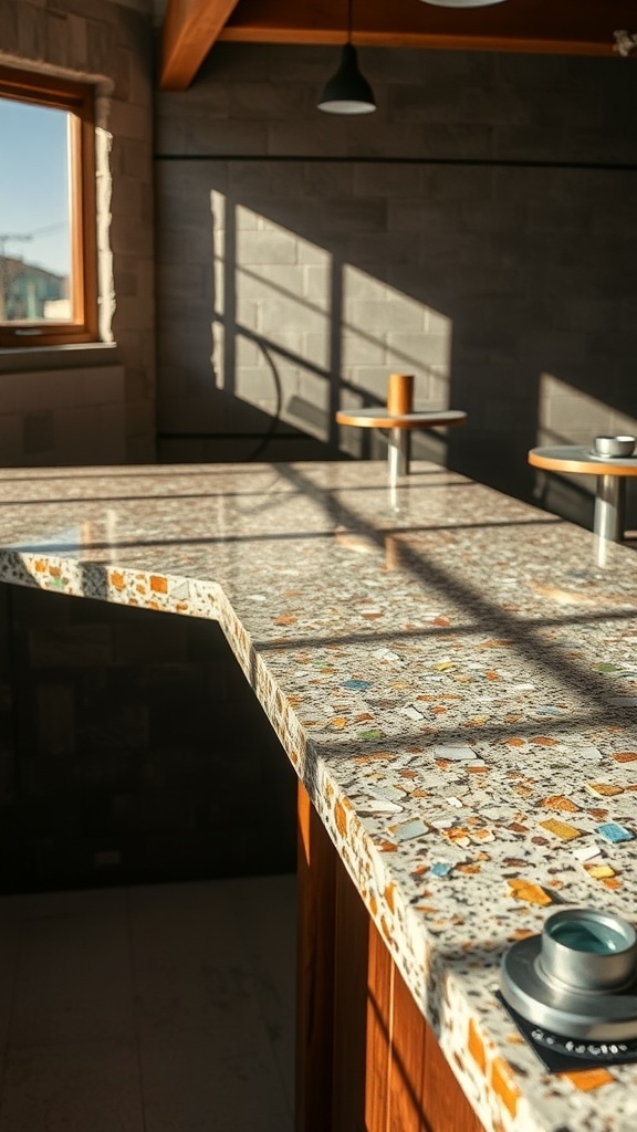 A close-up of a recycled glass countertop showcasing its colorful chips and textures, illuminated by natural light.