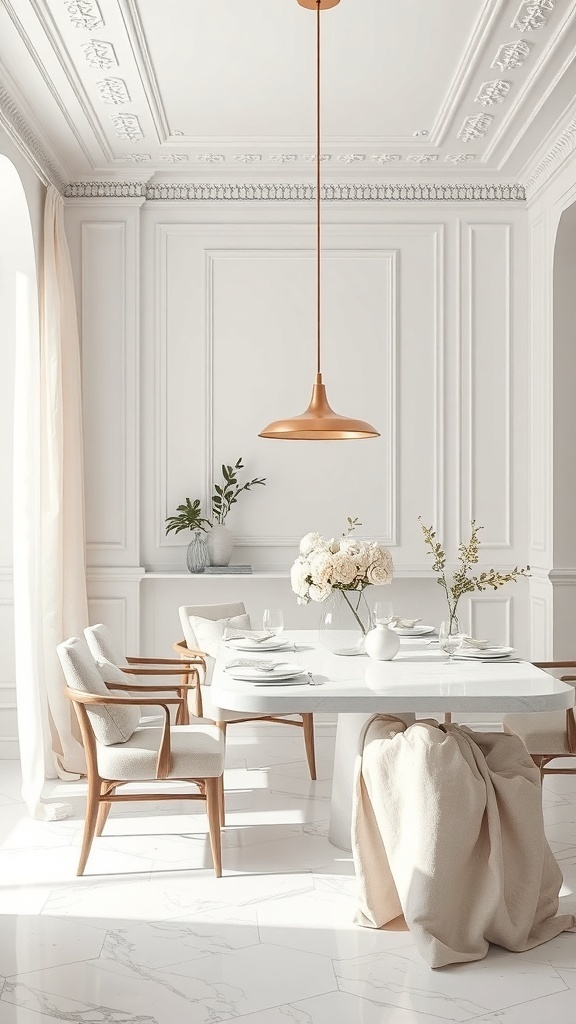 A stylish all-white dining room featuring a modern table, upholstered chairs, and elegant decor.
