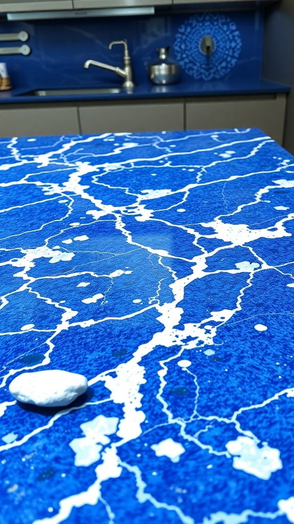 Close-up of Blue Bahia granite countertop with white and gray veining, featuring a small white stone.