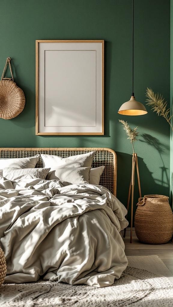 A modern bedroom with a green wall, cozy bedding, and stylish decor.