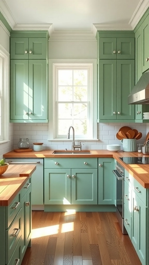 A kitchen featuring mint green cabinets and butcher-block countertops, with natural light streaming in through the windows.