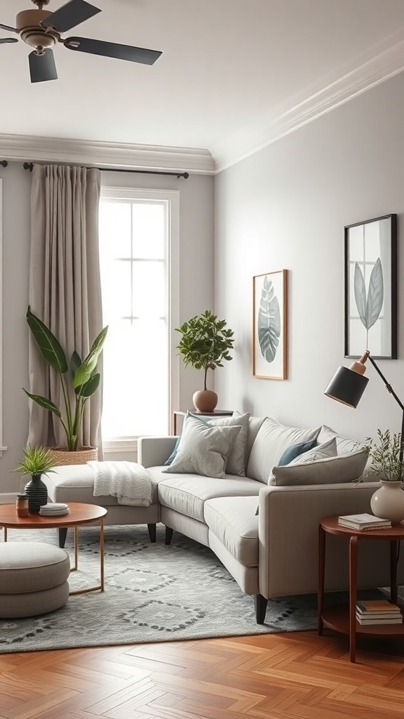 A cozy small living room featuring a light color palette, plants, and stylish furniture.