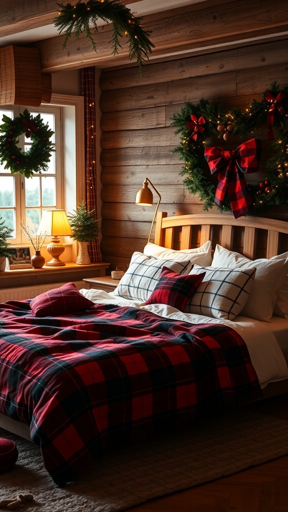A cozy bedroom decorated for Christmas with tartan blankets, pillows, and evergreen wreaths.