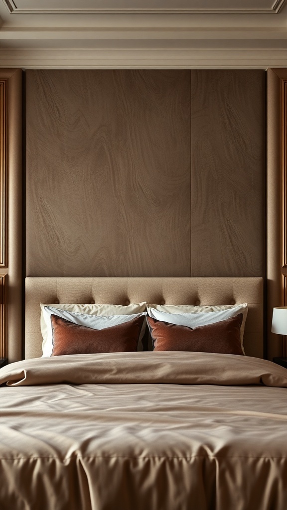 A luxurious upholstered headboard wall with soft textures and warm tones.