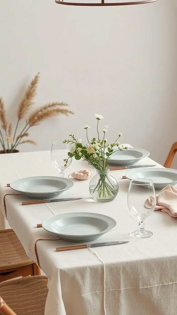 A beautifully set dining table featuring light-colored linens, stoneware plates, and a small floral arrangement.
