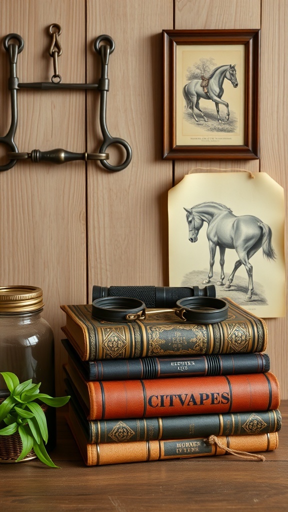 A cozy corner featuring equestrian-themed decor, including framed horse prints, leather-bound books, and a horse bit.