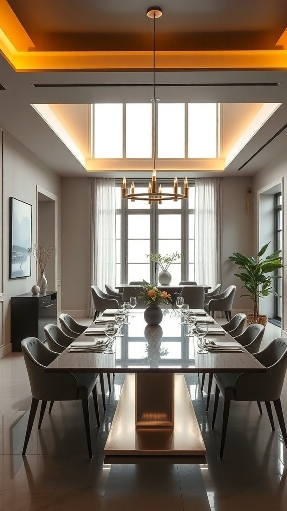 A luxurious dining room featuring a long marble table, plush chairs, and elegant lighting.