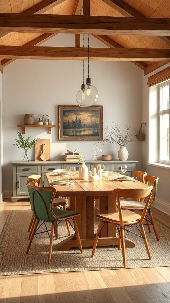 A modern farmhouse dining room featuring a wooden table, mixed seating, and warm lighting.