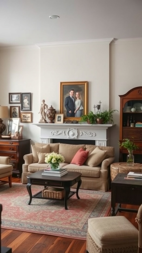 A cozy living room with elegant decor, featuring family portraits, antiques, and warm lighting.
