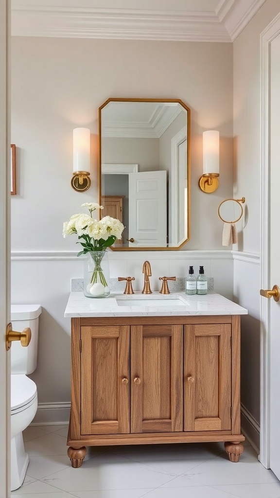 A luxurious powder room featuring a custom wooden vanity with a marble countertop, elegant faucets, and stylish lighting.