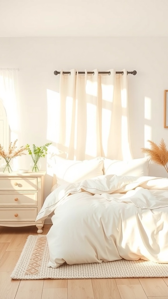 A bright and airy bedroom with light bedding and natural decor.