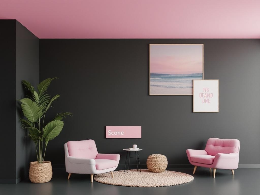 A stylish room with a bubblegum pink ceiling, dark walls, and modern furniture.