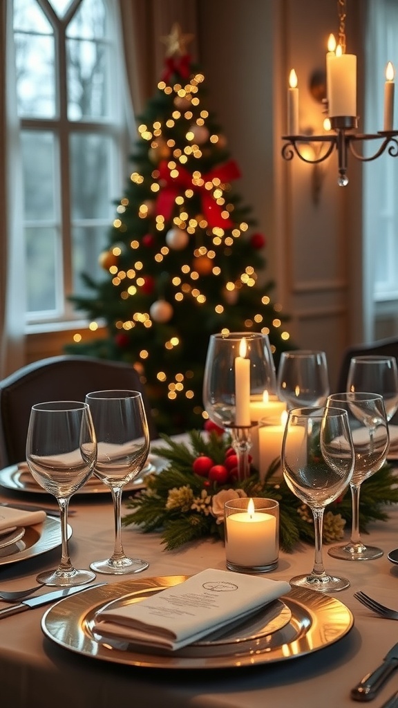 A beautifully set dining table for Christmas with candles, crystal glasses, and a festive centerpiece.