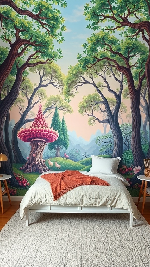 A beautifully painted mural of a whimsical forest scene in a kids' bedroom.