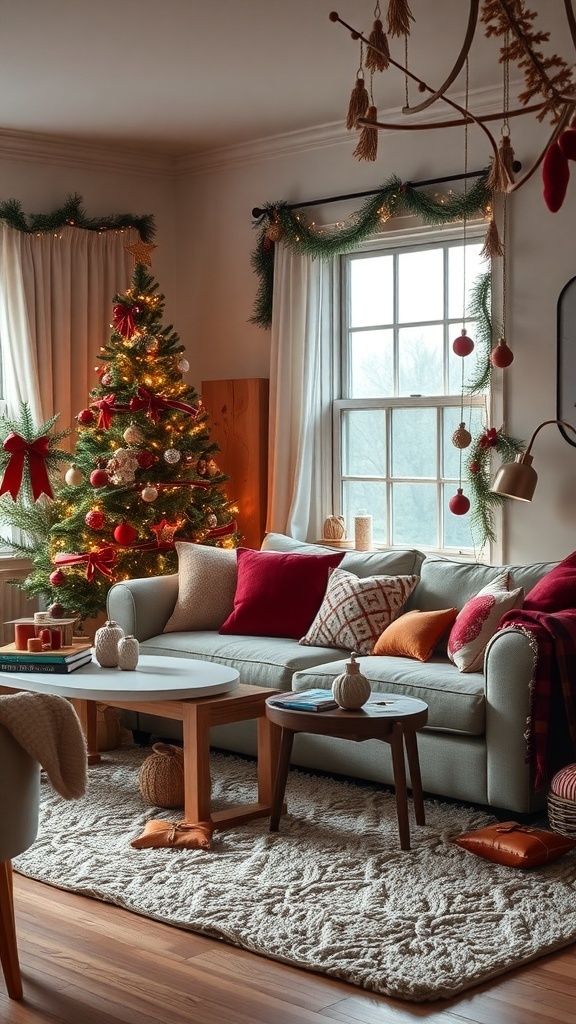 Cozy living room decorated for Christmas with a tree, cushions, and warm tones.