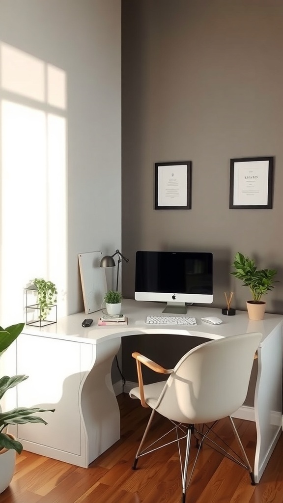 Stylish triangular desk nook with wooden shelves, LED lighting, and minimalist decor