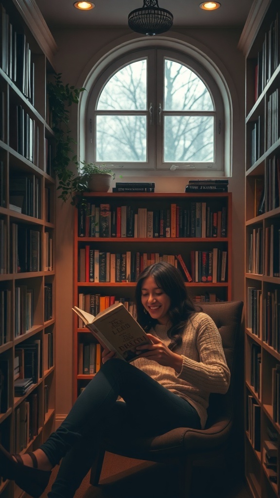 A cozy reading nook with a woman reading a book, surrounded by bookshelves and warm lighting.