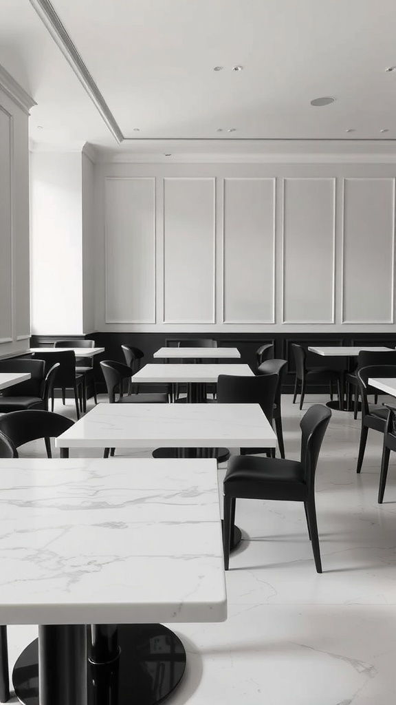 A modern dining room with white marble tables and black chairs, showcasing a contrast of light and dark elements.