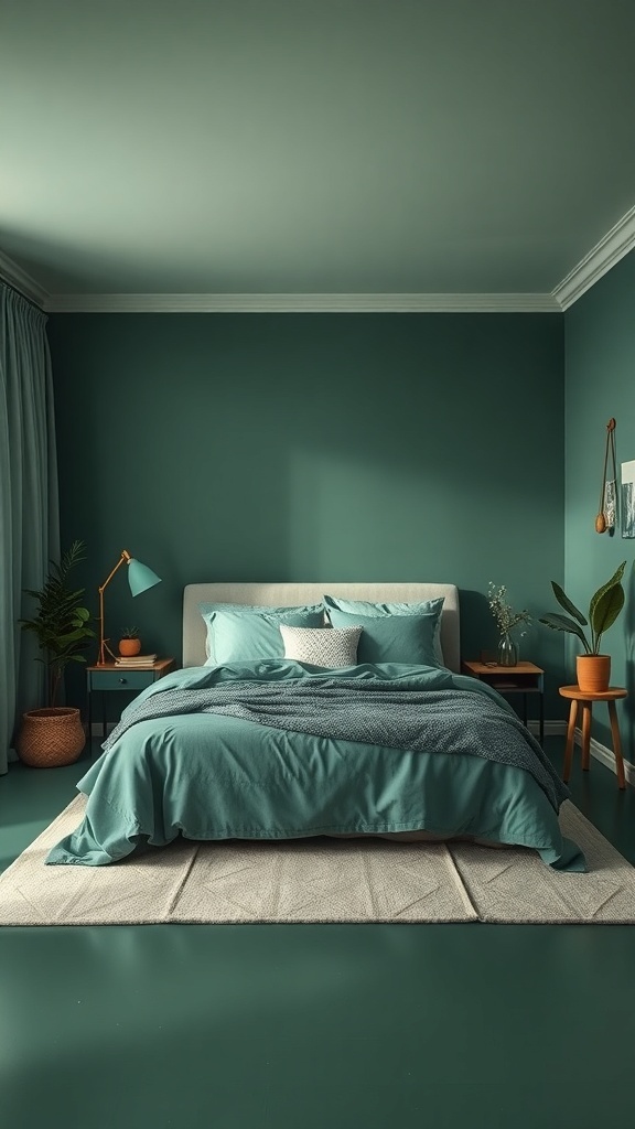 A cozy modern bedroom with moody green walls, soft bedding, and plants.