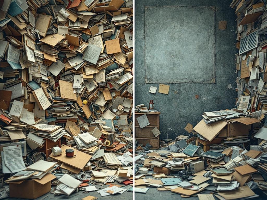 A split image showing a cluttered room filled with books and papers on one side and a clean, organized space on the other.