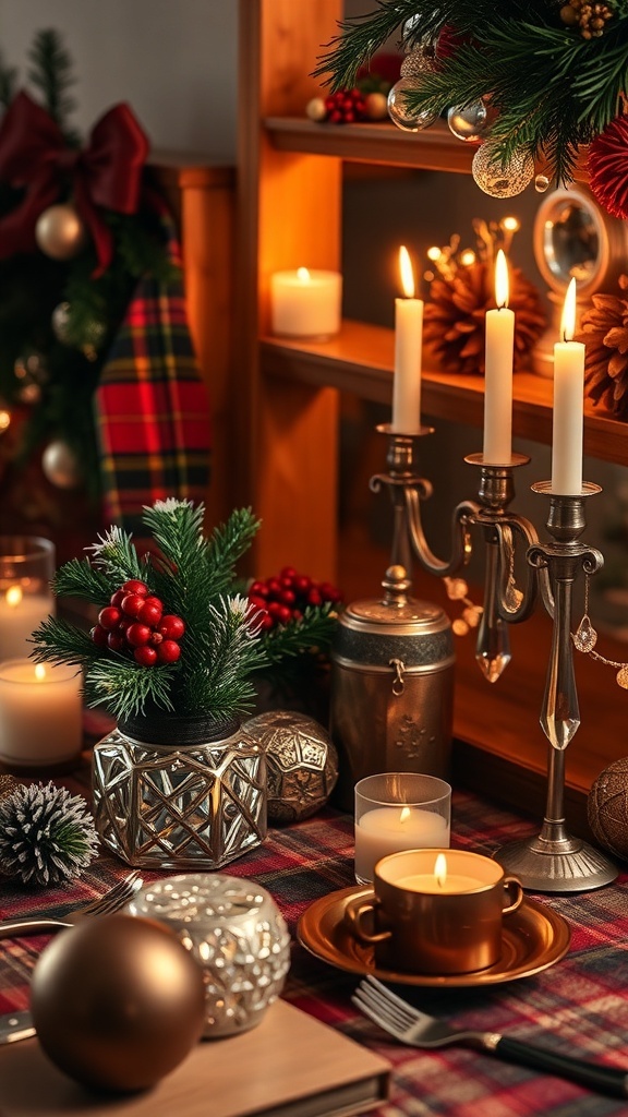 A beautifully decorated table for Christmas featuring rich textures, warm candlelight, and elegant holiday decor.
