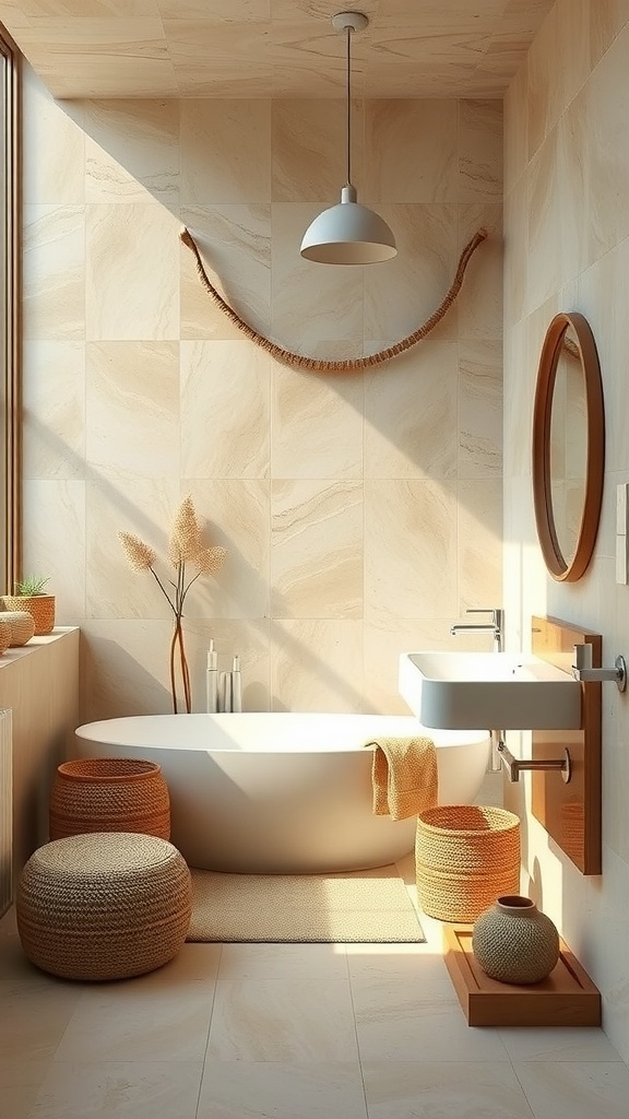 A serene bathroom featuring natural materials and earthy tones, showcasing a calming retreat.