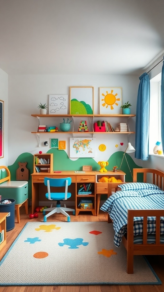 A colorful boys room with playful decor and bright paint accents.