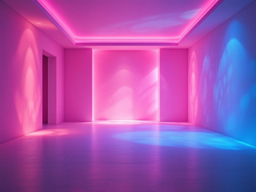A room with a bubblegum pink ceiling and blue lighting on the walls, showcasing a playful design.