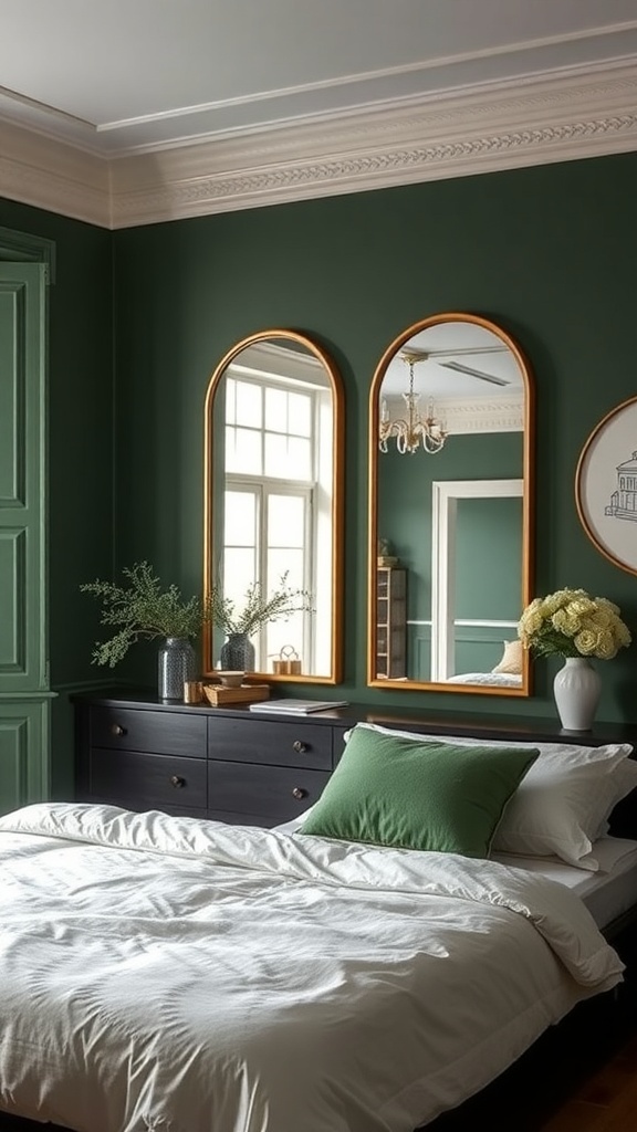 A moody green bedroom featuring mirrors that enhance the space.