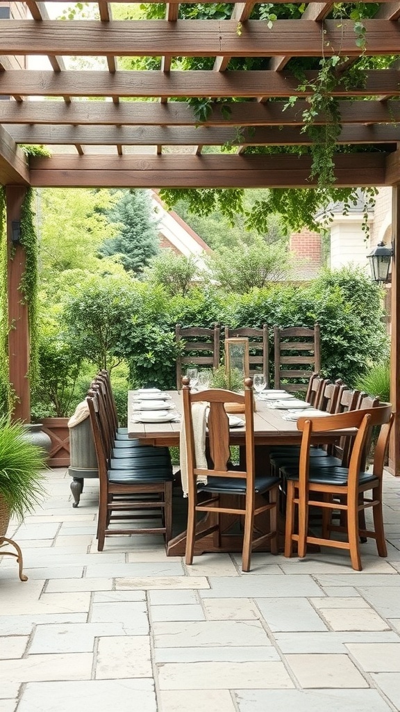 A beautifully arranged outdoor dining table under a wooden pergola, surrounded by greenery.