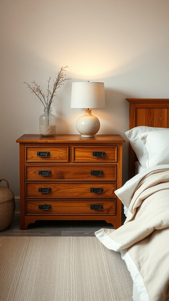 A warm oak chest of drawers beside a bed with neutral bedding and a ceramic lamp.