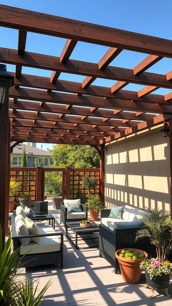 A cozy patio with a wooden pergola, comfortable seating, and potted plants.