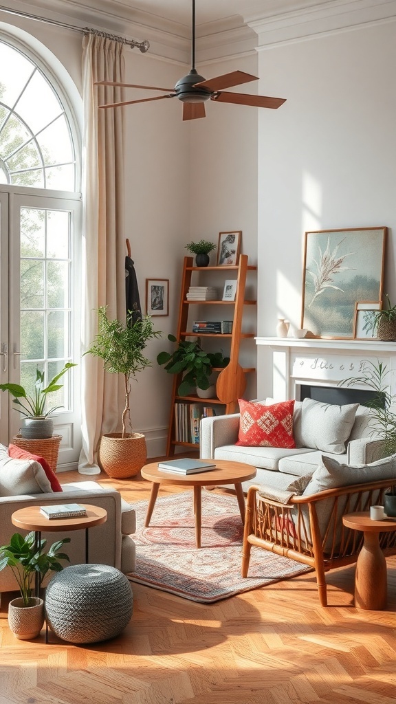 A cozy living room with a large window, plants, and thoughtfully arranged furniture for good flow.
