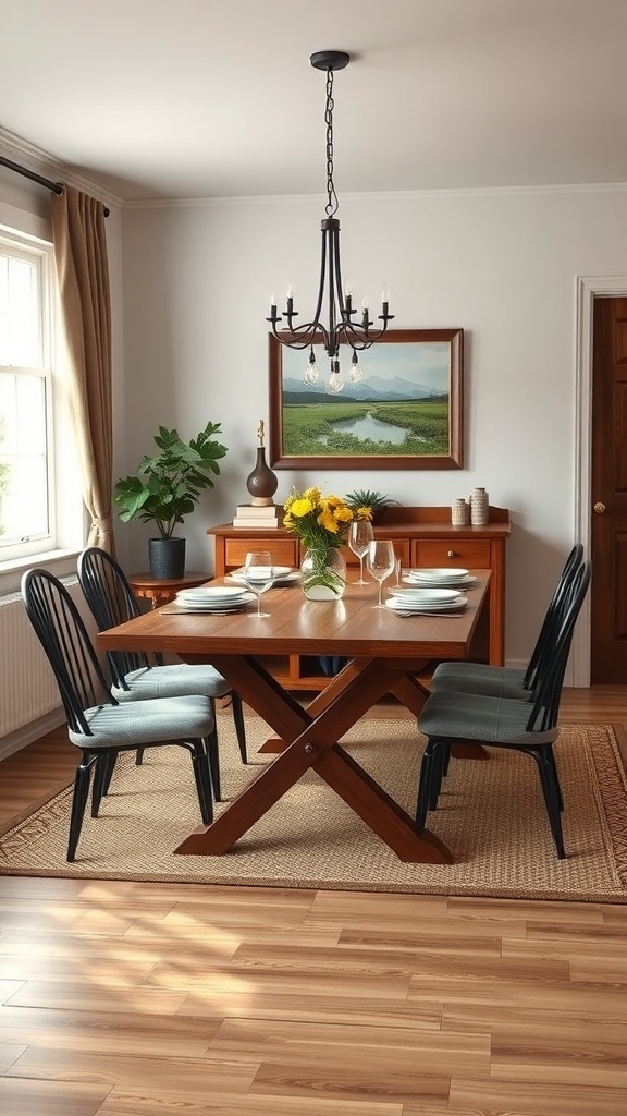 A stylish extendable dining table set for a meal, featuring black chairs and a warm wood finish.