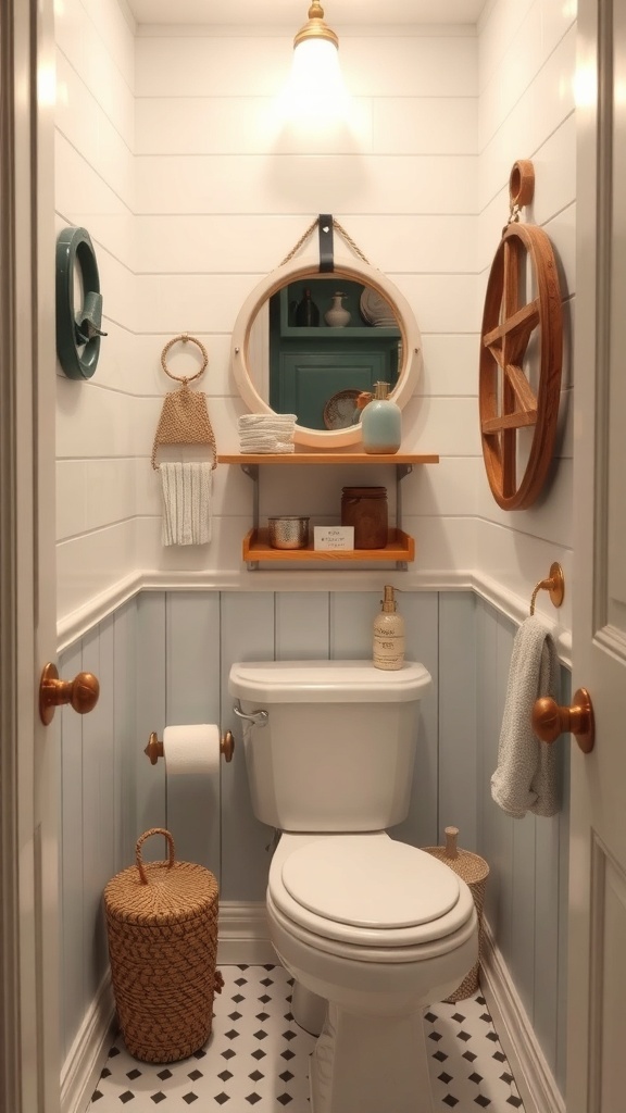 A small powder room with nautical theme styling, featuring a round mirror, wooden accents, and light blue paneling.