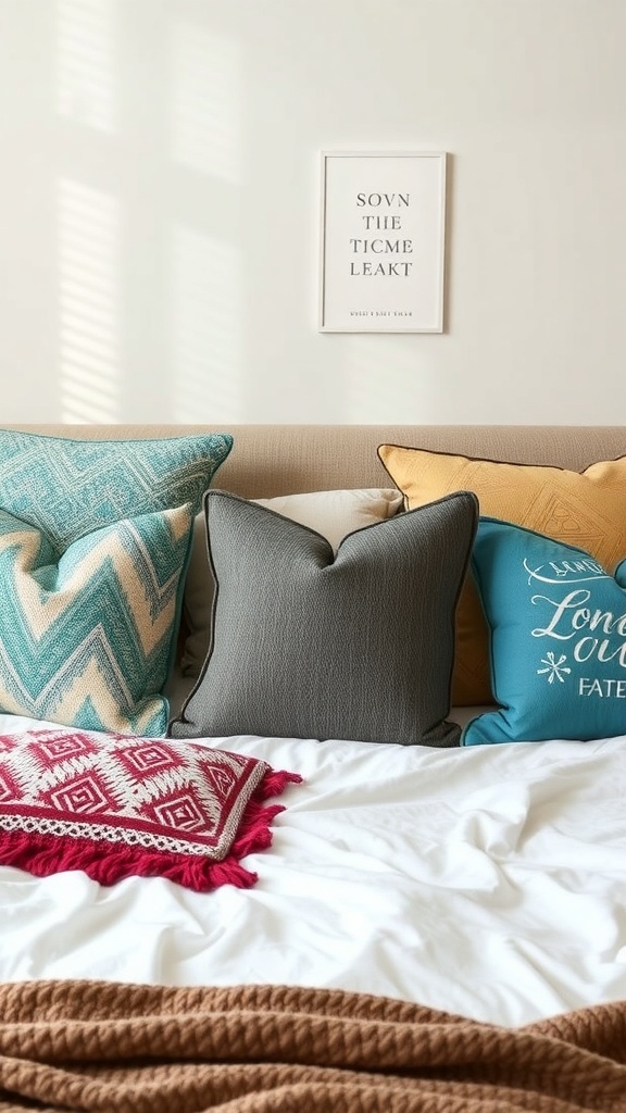 A cozy bed with a variety of themed accent pillows in blue, gray, yellow, and red, along with a decorative wall art piece.