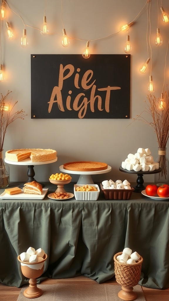 A beautifully arranged themed dessert table with pies, cookies, and festive decorations.