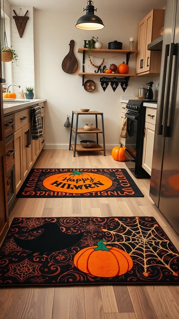 Halloween-themed kitchen rugs with pumpkins and bats