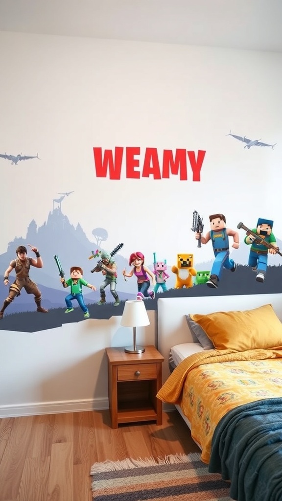A gaming bedroom featuring a themed wall mural with characters from popular video games, showcasing vibrant colors and playful designs.